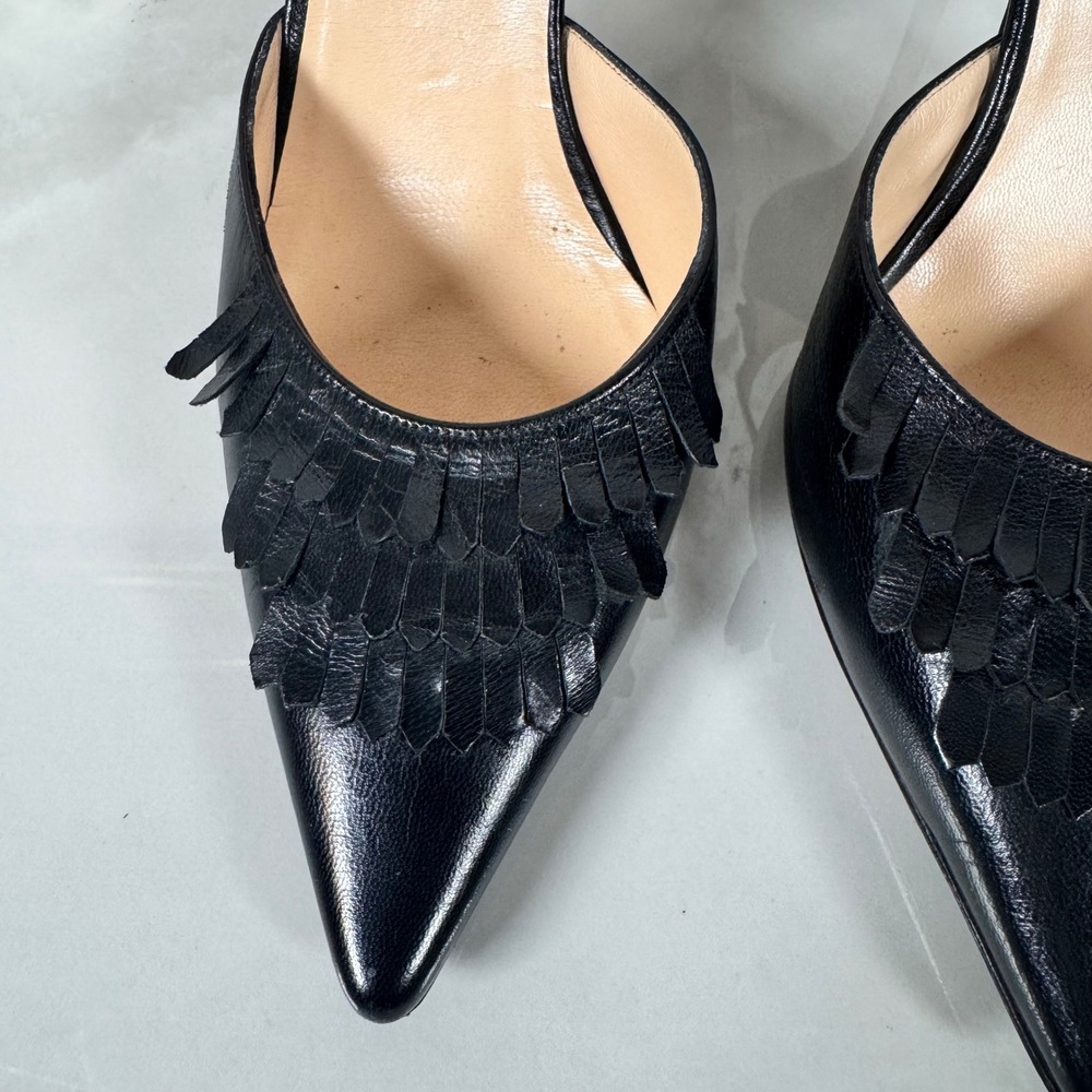 Cole Haan Collection Black Fringe Stiletto Heels Ankle Strap Pointed Toe Leather - Picture 4 of 15